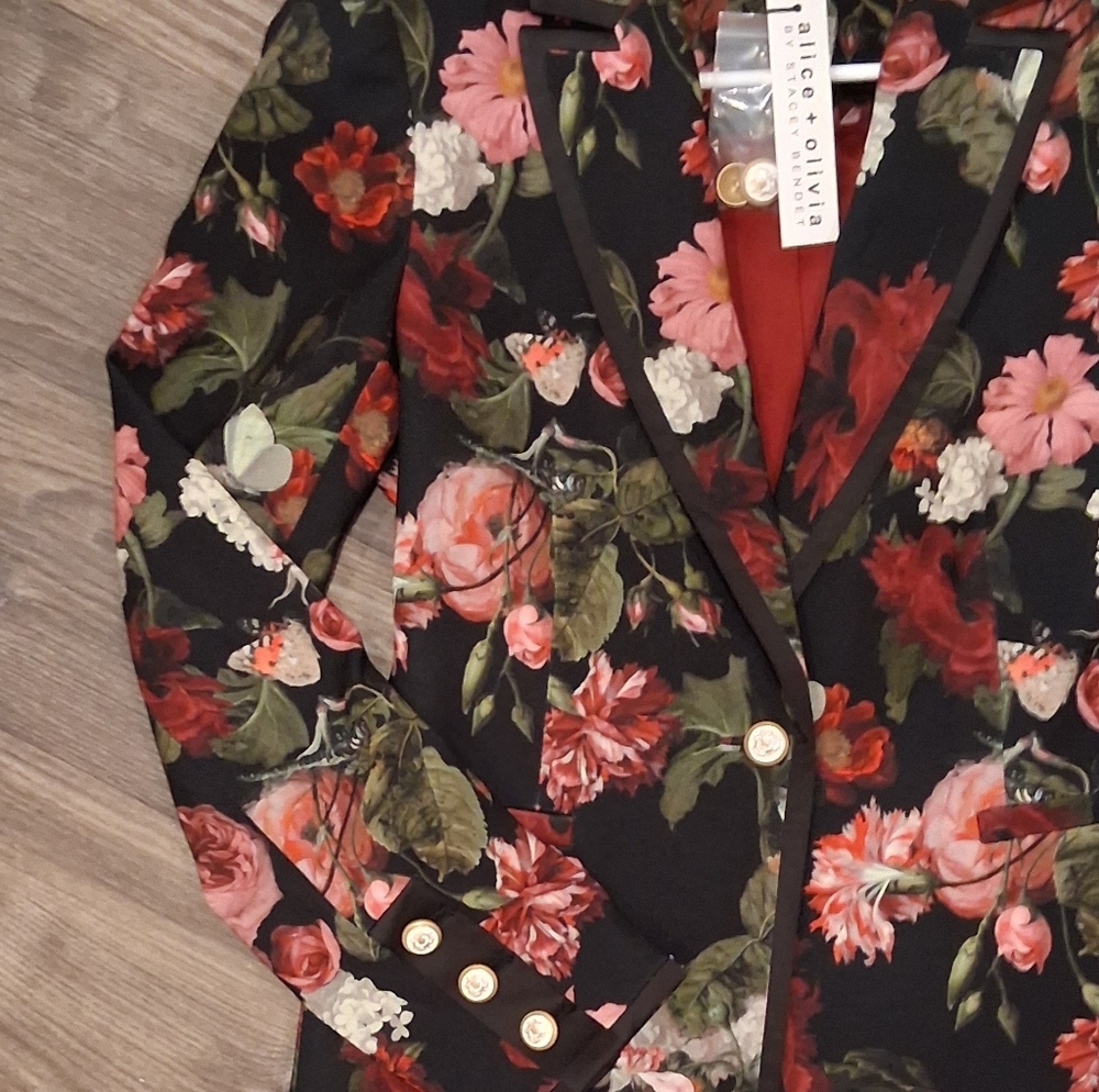 Alice + Olivia Breann Black Floral Slim-fit Blazor - Pink And Red - Size 6 - NWT - Picture 6 of 12